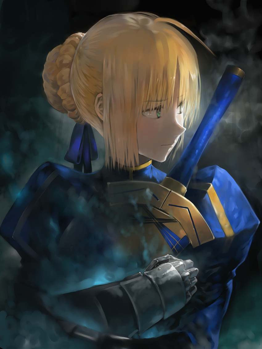 absurdres ahoge artoria_pendragon_(all) avalon_(fate/stay_night) blonde_hair bob_(biyonbiyon) braid excalibur fate/stay_night fate_(series) french_braid gauntlets green_eyes highres looking_away saber short_hair solo upper_body