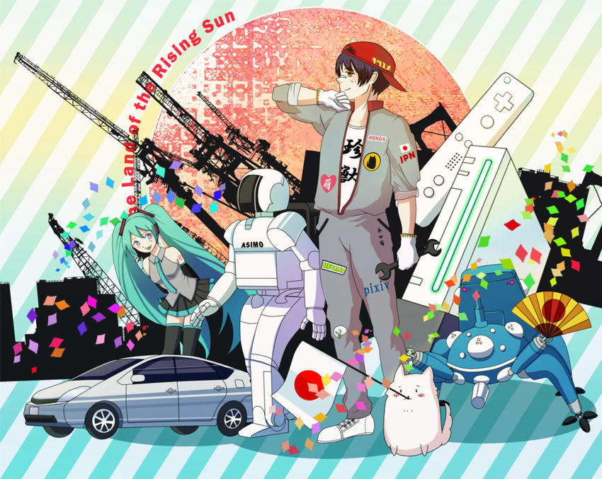 1girl asimo axis_powers_hetalia bandages baseball_cap black_hair car city confetti dog flag game_console ghost_in_the_shell gloves ground_vehicle hat hatsune_miku japan japan_(hetalia) japanese_flag jumpsuit motor_vehicle nikon patriotism pochi_(hetalia) robot shoes smile sneakers tachikoma vocaloid wii wrench