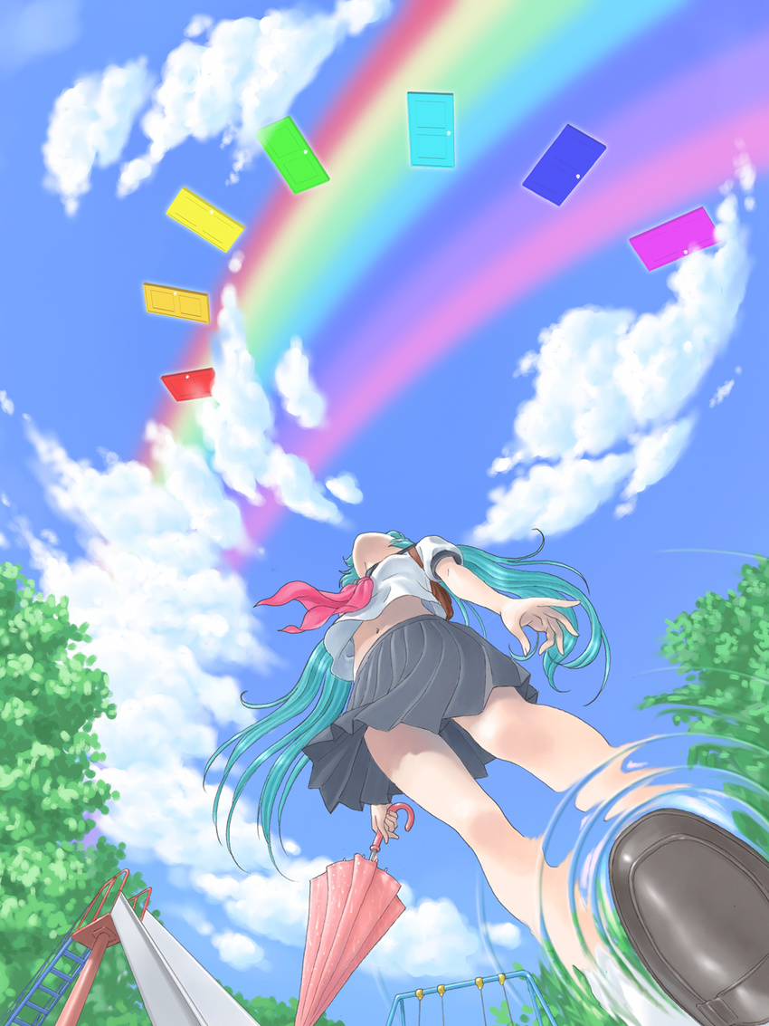 aqua_hair closed_umbrella cloud day from_below hata_hata hatsune_miku highres legs long_hair looking_up midriff navel rainbow rainbow_order reflection ripples school_uniform skirt sky slide solo swing tree twintails umbrella vocaloid water