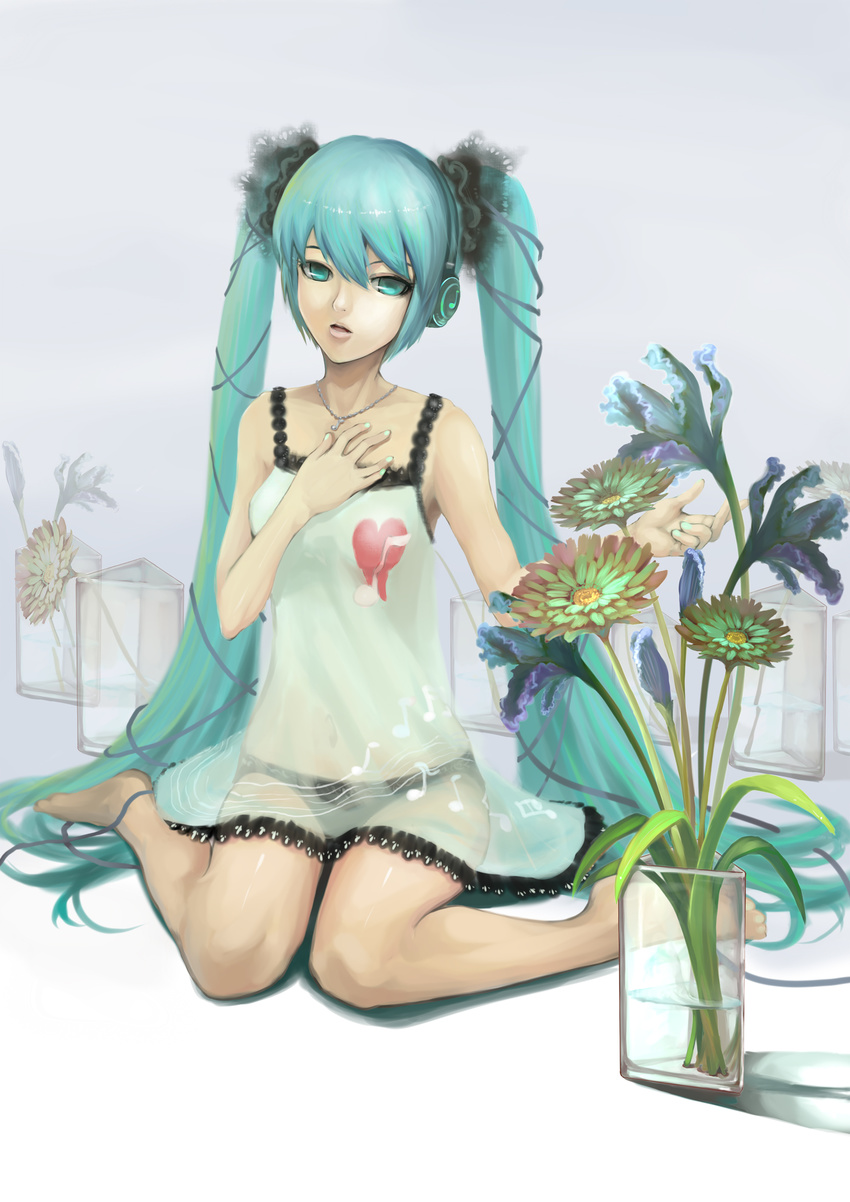 absurdres aqua_eyes aqua_hair barefoot camisole charimei flower hair_ribbon hands hatsune_miku headphones heart highres jewelry lips long_hair musical_note necklace panties refraction ribbon see-through sitting solo twintails underwear very_long_hair vocaloid wariza