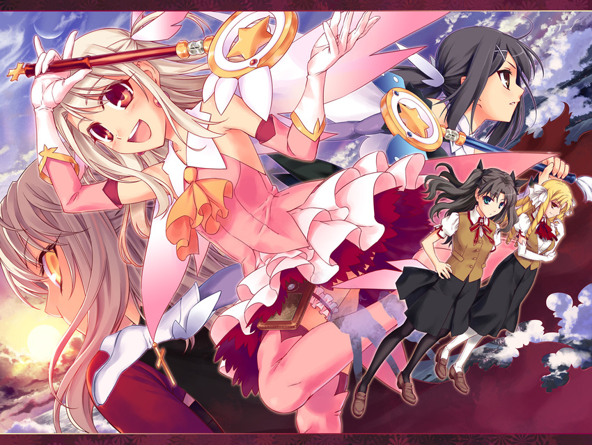 :d baton black_hair blonde_hair boots brown_eyes chloe_von_einzbern cloud crescent_moon drill_hair dual_persona fate/kaleid_liner_prisma_illya fate_(series) feathers green_eyes hair_feathers happy highres hiroyama_hiroshi holding holding_wand homurahara_academy_uniform illyasviel_von_einzbern kaleidostick kalmia letterboxed luviagelita_edelfelt magical_girl miyu_edelfelt moon multiple_girls open_mouth pink_footwear prisma_illya red_eyes school_uniform smile sun toosaka_rin wallpaper wand yellow_eyes