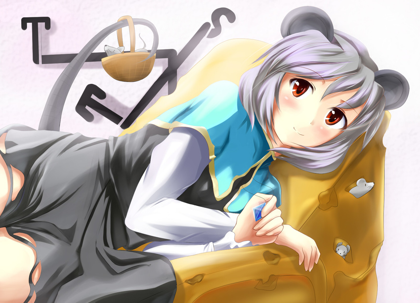 animal_ears basket blush capelet cheese dowsing_rod food grey_hair highres jewelry mouse mouse_ears mouse_tail nazrin pendant red_eyes sakura_ani short_hair solo tail touhou