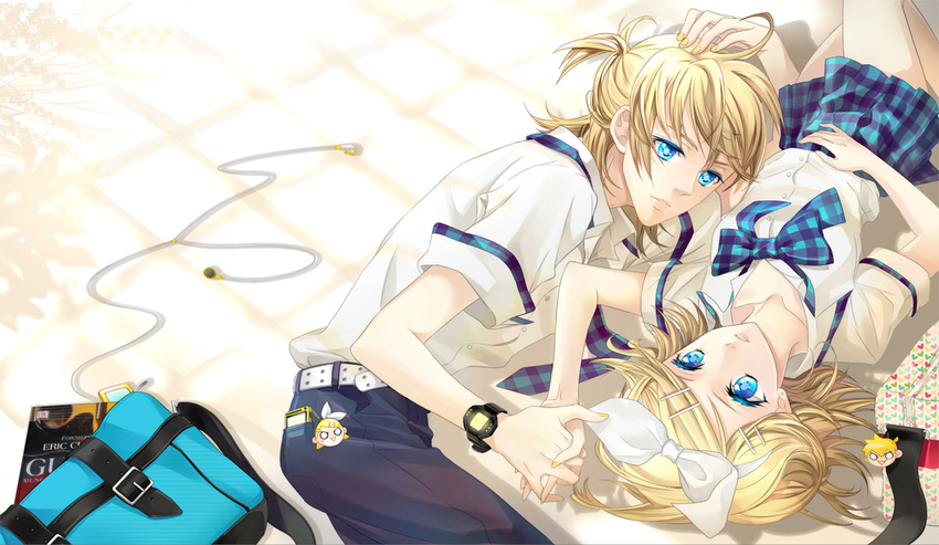 1girl bad_id bad_pixiv_id blonde_hair blue_eyes brother_and_sister cocoon_(loveririn) digital_media_player hair_ornament hair_ribbon hairclip headphones holding_hands ipod kagamine_len kagamine_rin lying on_back on_side ribbon school_uniform short_hair siblings skirt twins vocaloid watch wristwatch