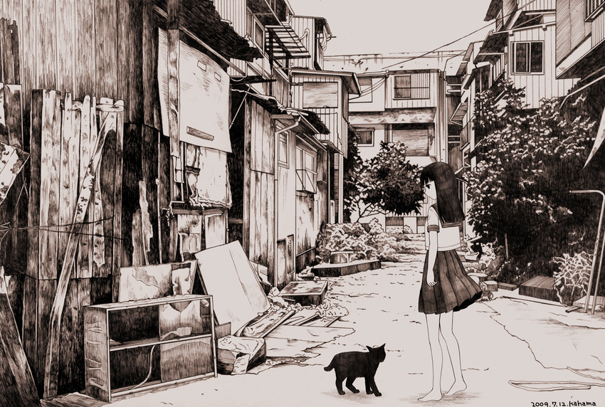 animal bad_id bad_pixiv_id barefoot cat highres house junk kahama_youko long_hair messy monochrome original school_uniform solo standing