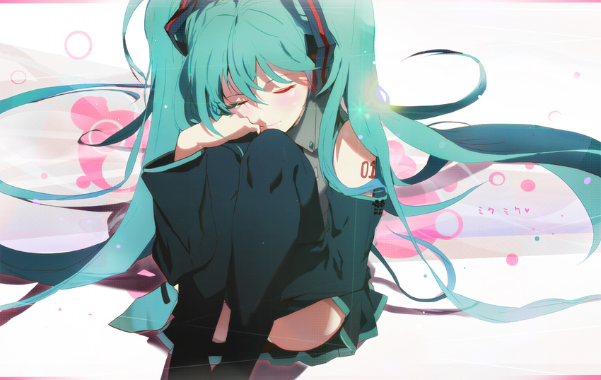 aqua_hair bad_id bad_pixiv_id closed_eyes detached_sleeves hatsune_miku headphones leg_hug long_hair necktie panties pantyshot sitting skirt solo thighhighs twintails underwear very_long_hair vocaloid zis