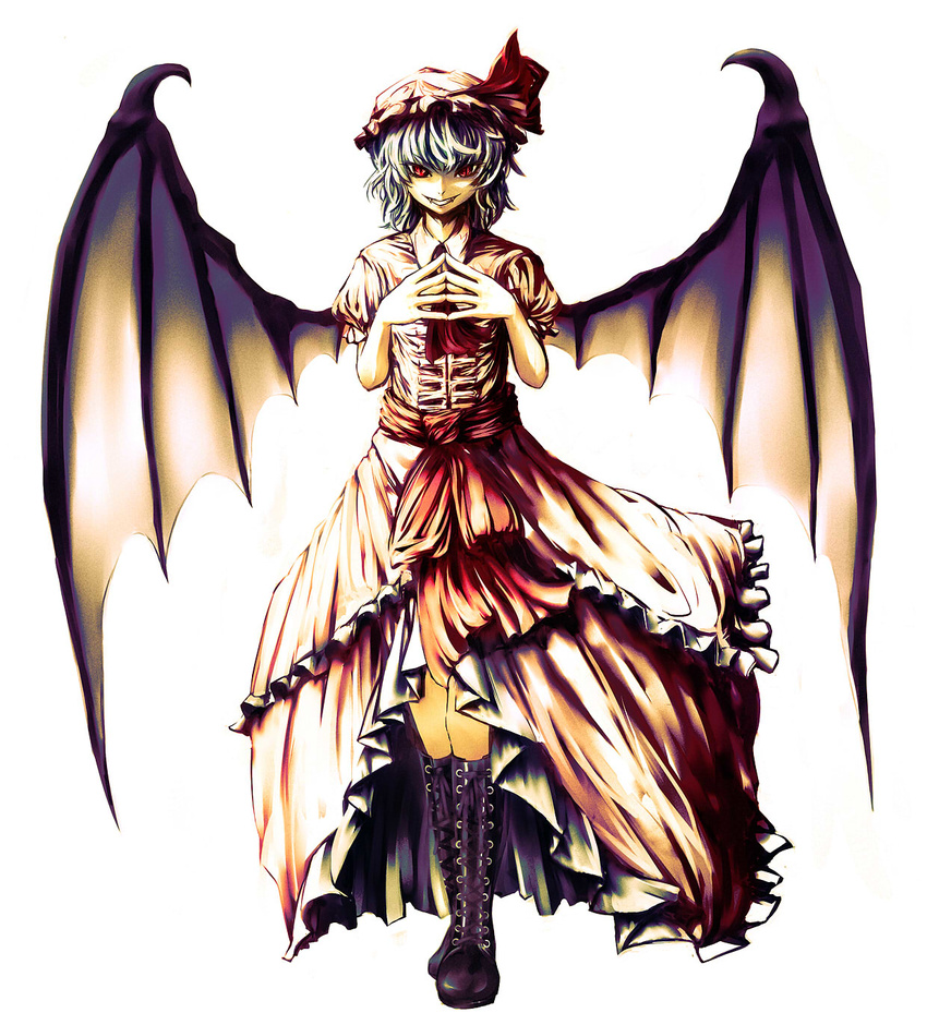 azzie_(az_man_studios) bad_id bad_pixiv_id bat_wings boots cross-laced_footwear fangs grin hat highres knee_boots lace-up_boots red_eyes remilia_scarlet short_hair silver_hair smile solo steepled_fingers touhou wings