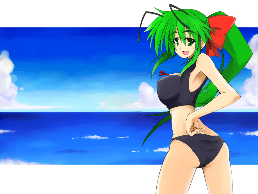 antennae ass bikini breasts day from_behind green_eyes hair_ribbon hemogurobin_a1c highres large_breasts long_hair looking_back older ponytail ribbon solo swimsuit tankini touhou water wriggle_nightbug