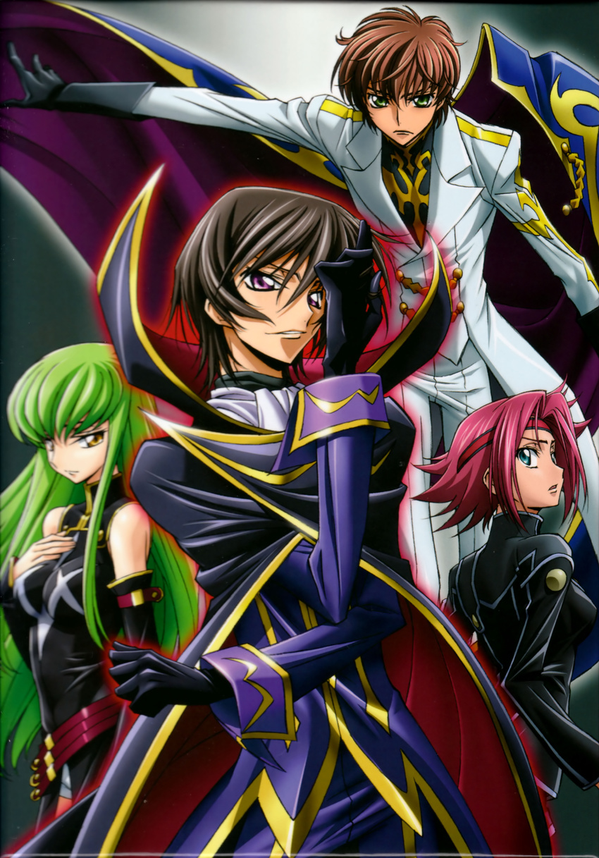 2girls absurdres black_cape black_gloves black_hair black_jacket black_shirt blue_cape blue_eyes brown_hair c.c. cape code_geass covered_nipples detached_sleeves flipped_hair gloves green_eyes green_hair hand_on_own_chest headband highres jacket kallen_stadtfeld kimura_takahiro knights_of_the_round_uniform kururugi_suzaku lelouch_lamperouge long_hair multiple_boys multiple_girls official_art open_mouth order_of_the_black_knights_uniform pants print_cape print_jacket print_shirt purple_eyes purple_jacket purple_pants red_hair red_headband shirt short_hair shorts smirk white_jacket white_shorts yellow_eyes