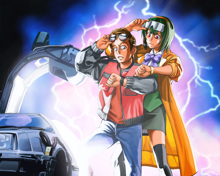 1girl 80s back_to_the_future car crossover delorean ebinera green_hair ground_vehicle gullwing_doors idolmaster idolmaster_(classic) lightning marty_mcfly motor_vehicle oldschool otonashi_kotori parody sleeves_rolled_up thighhighs time_machine