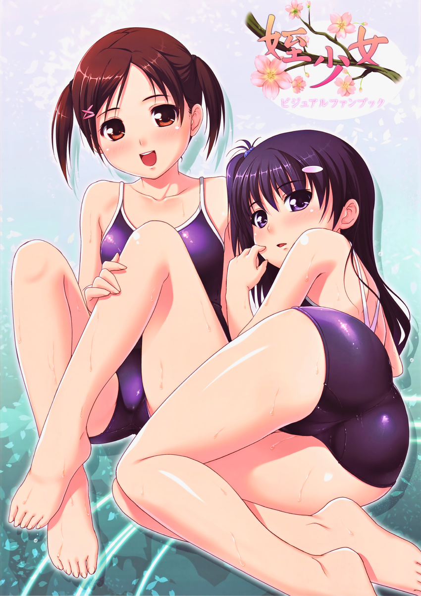 absurdres ass barefoot blush brown_eyes brown_hair competition_school_swimsuit error feet hair_bobbles hair_ornament hairclip hands highres kurayama_aya kurayama_saya legs looking_back lying meishoujo multiple_girls nonohara_miki on_side one-piece_swimsuit one_side_up short_twintails side_ponytail sitting swimsuit twintails wet