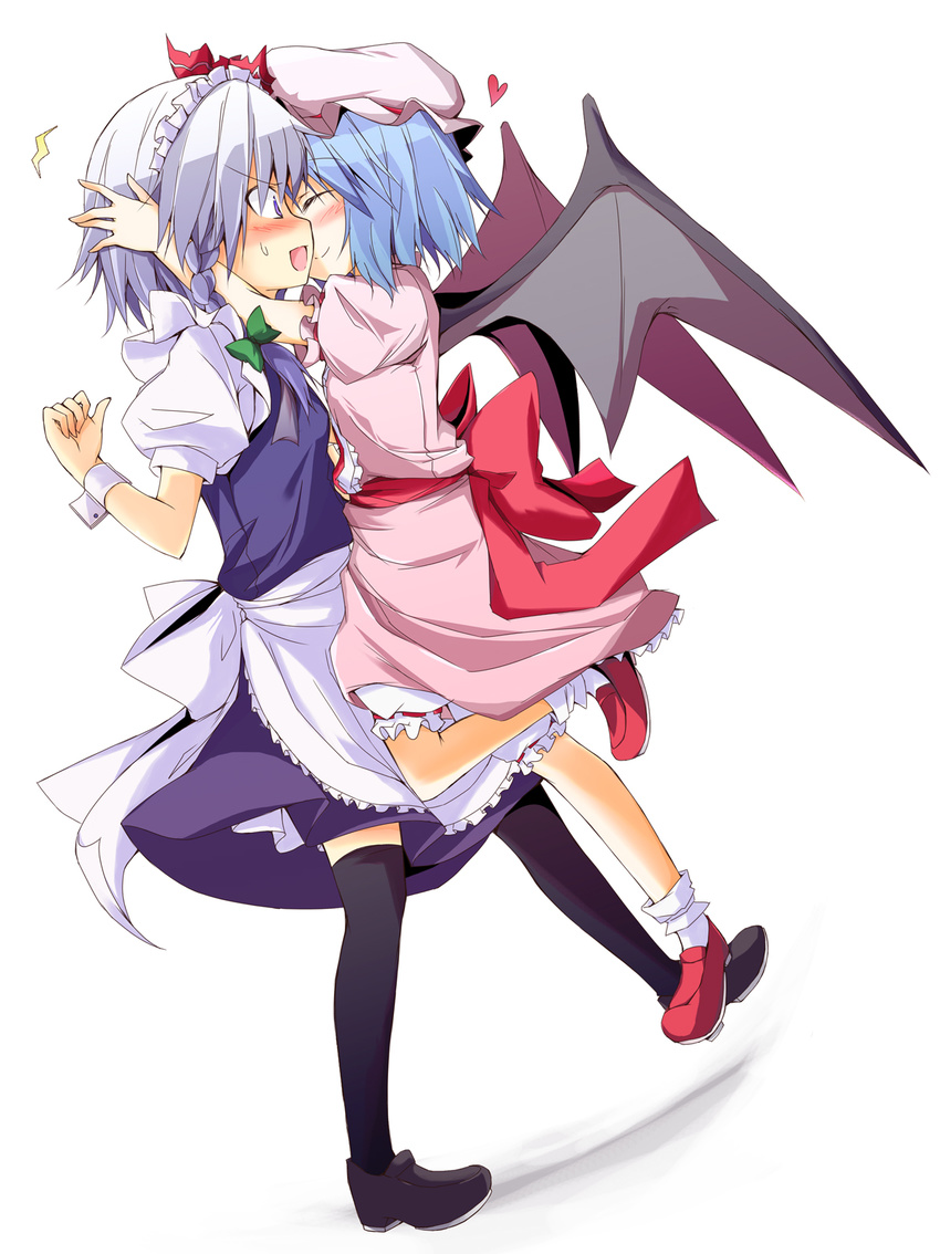 bat_wings blue_eyes blue_hair blush braid hat highres huei_nazuki izayoi_sakuya multiple_girls remilia_scarlet short_hair silver_hair thighhighs touhou vampire wings wrist_cuffs