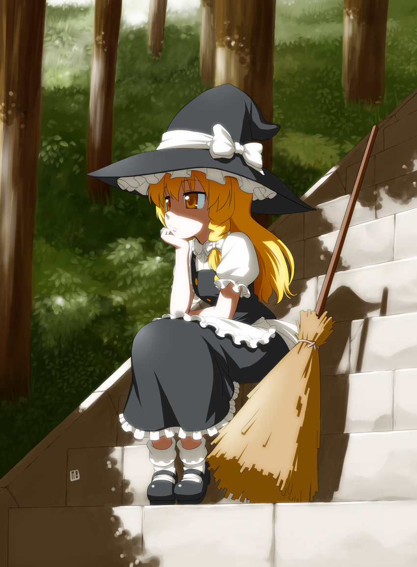 apron bad_id bad_pixiv_id blonde_hair bobby_socks bored bow braid broom chin_rest day full_body hair_bow hat hat_bow highres hill jitome kirisame_marisa long_hair mary_janes nagian nature puffy_sleeves ribbon shade shadow shoes short_sleeves side_braid signature single_braid sitting sitting_on_stairs socks solo stairs touhou tree white_bow witch_hat yellow_eyes