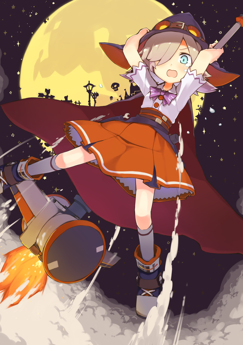 absurdres blue_eyes brown_hair cape dutch_angle flying from_below full_moon goggles goggles_on_headwear hair_over_one_eye halloween hat highres holding looking_at_viewer moon open_mouth original short_hair solo tekka_maki_(wafuu-bune) witch witch_hat