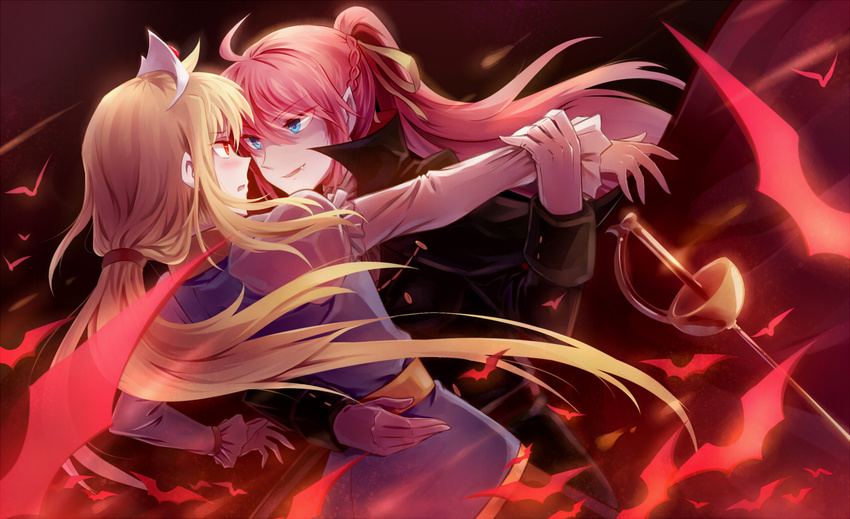 bat blonde_hair blue_eyes fang fate_testarossa halloween long_hair lyrical_nanoha mahou_shoujo_lyrical_nanoha multiple_girls pink_hair ponytail rapier red_eyes signum sm318 sword vampire weapon yuri