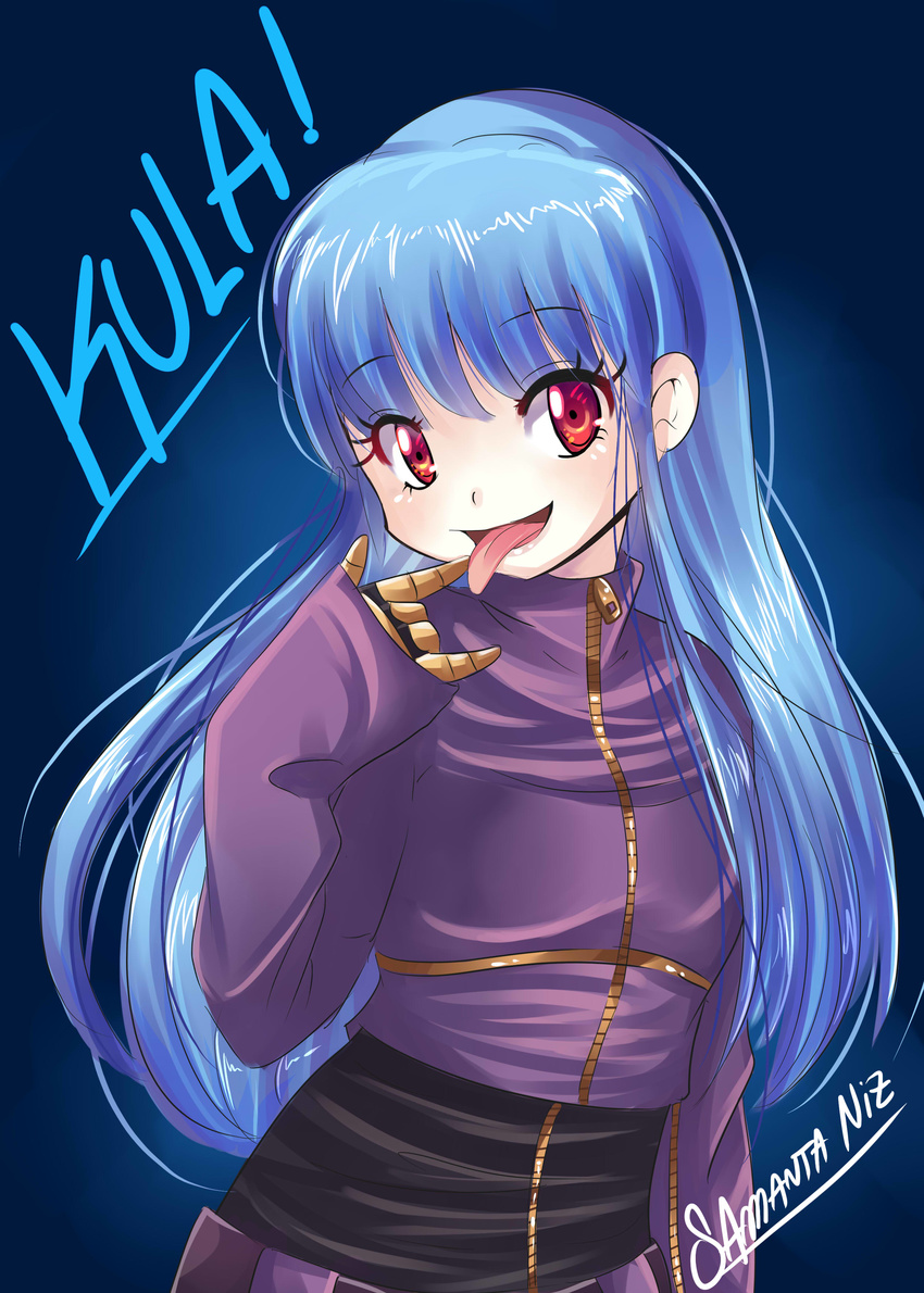 :d :p \m/ absurdres bangs breasts character_name commentary_request cropped_jacket eyelashes full-length_zipper gold_trim hand_up head_tilt highres kula_diamond light_blue_hair long_hair looking_at_viewer medium_breasts open_mouth red_eyes samanta_niz smile solo spanish_commentary standing the_king_of_fighters tongue tongue_out upper_body very_long_hair wavy_hair zipper zipper_pull_tab