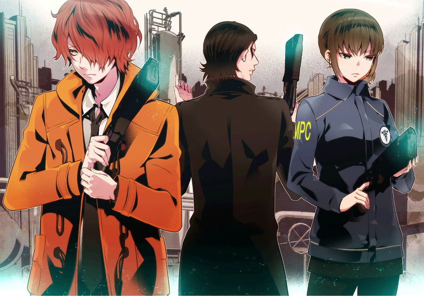 2boys black_hair brown_hair dominator_(gun) gun hair_over_one_eye highres hinakawa_shou kuso_bba long_hair multiple_boys psycho-pass red_hair shimotsuki_mika short_hair tougane_sakuya weapon