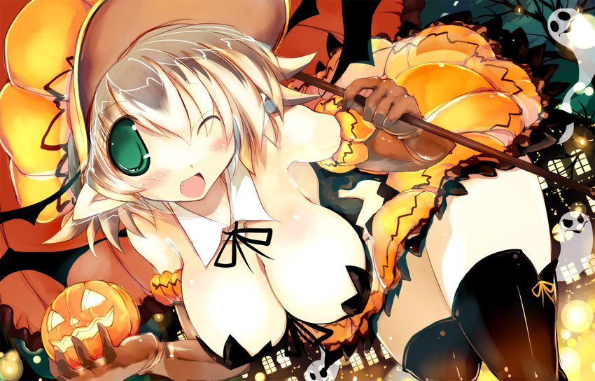 ;d bare_shoulders bent_over black_legwear blonde_hair blush breasts brown_gloves cleavage detached_collar elbow_gloves fang ghost gloves green_eyes halloween hat holding jack-o'-lantern large_breasts looking_at_viewer one_eye_closed open_mouth original pointy_ears sakaki_(noi-gren) smile thighhighs