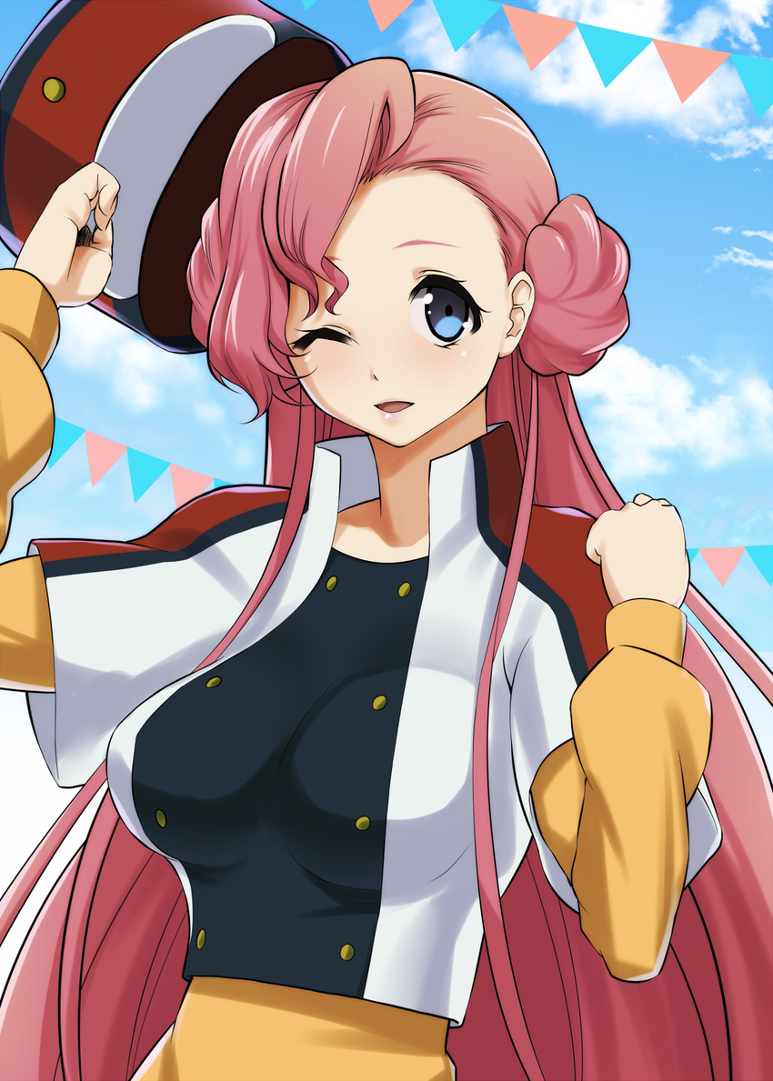 blue_sky breasts cloud code_geass day euphemia_li_britannia grey_eyes hat highres large_breasts long_hair long_sleeves mattari_yufi one_eye_closed open_mouth pink_hair shirt short_over_long_sleeves short_sleeves sky solo upper_body very_long_hair