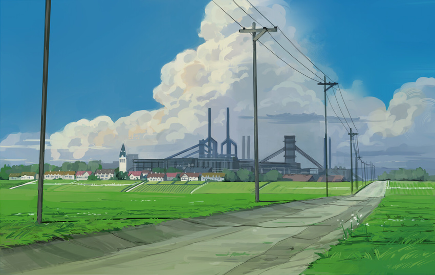 building cloud day dirt_road flower grass no_humans original road scenery seo_tatsuya sky tower utility_pole