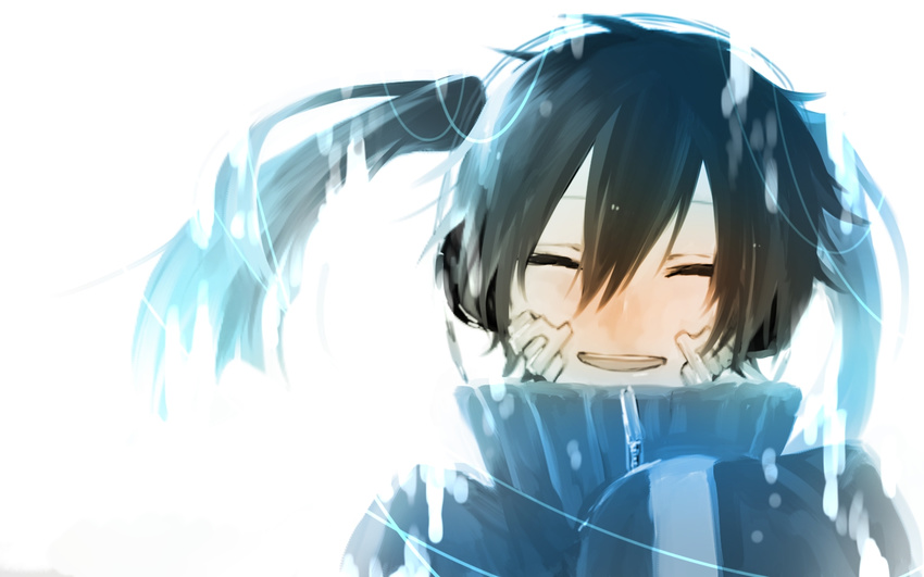 bad_id bad_pixiv_id black_hair blue_hair closed_eyes ene_(kagerou_project) fading hasuhasuhasu0127 headphones jacket kagerou_project open_mouth sleeves_past_wrists smile solo track_jacket twintails white_background