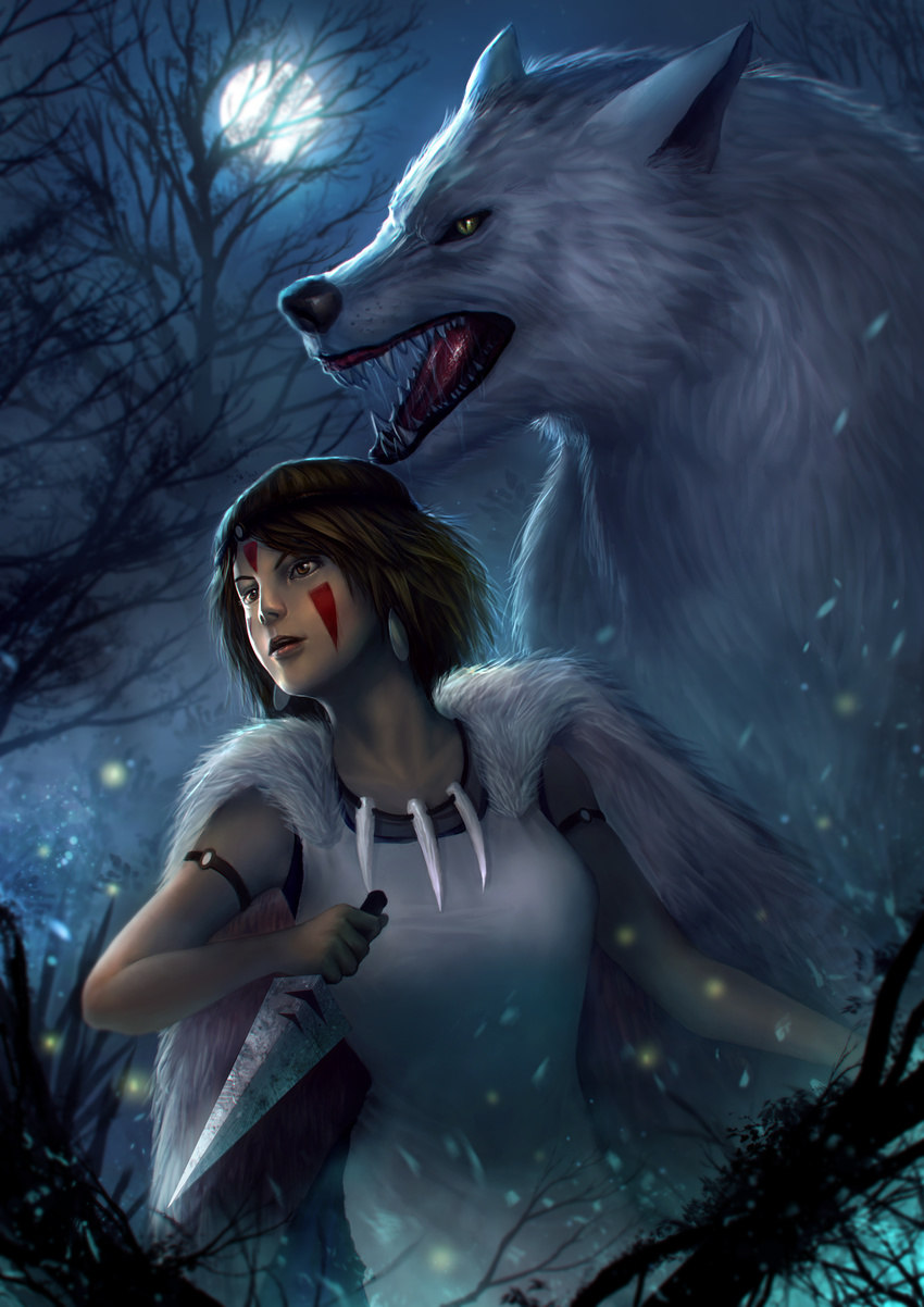 absurdres animal armlet bare_arms bared_teeth billy_christian black_hair breasts cape circlet dagger dress earrings facial_mark full_moon fur fur_cape highres jewelry lips medium_breasts mononoke_hime moon necklace night nose oversized_animal reverse_grip san short_hair tooth_necklace weapon white_dress wolf