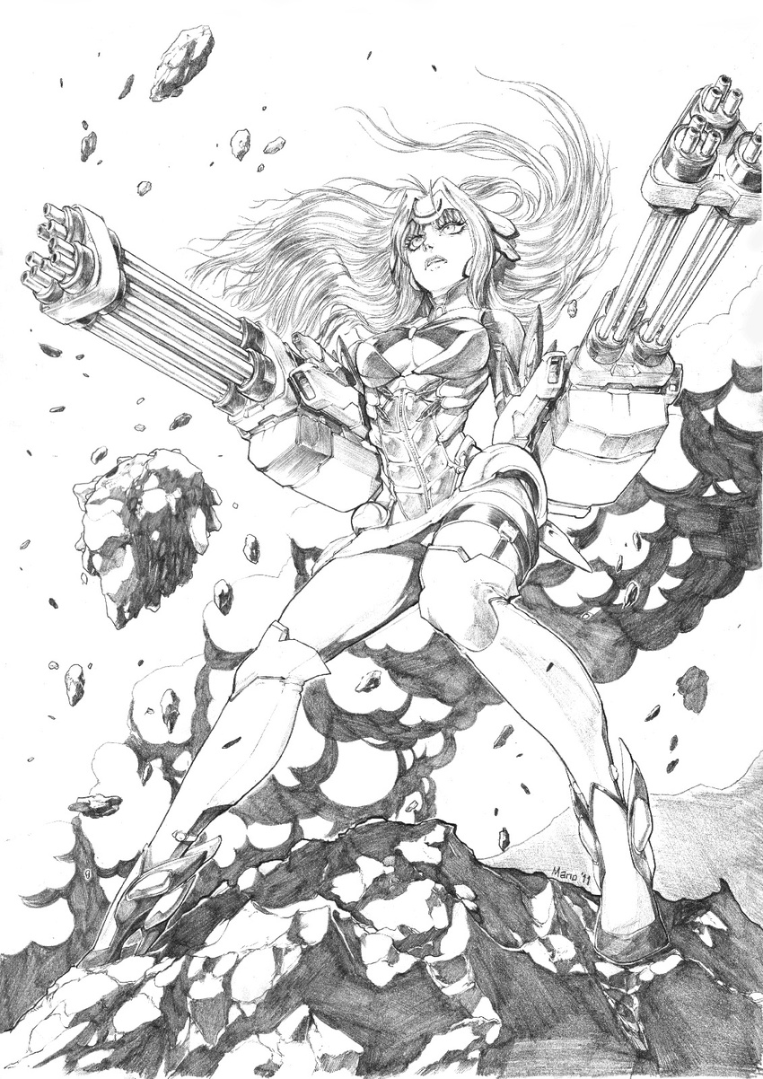 android breasts dual_wielding explosion floating_rock garter_straps gatling_gun graphite_(medium) greyscale ground_shatter gun highres holding kos-mos long_hair manos_lagouvardos medium_breasts monochrome smoke solo thighhighs traditional_media weapon xenosaga