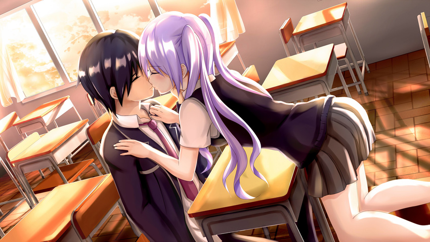 1girl black_hair classroom closed_eyes desk hetero highres kiss kneeling long_hair original purple_hair school_desk school_uniform short_hair sitting xyomouse