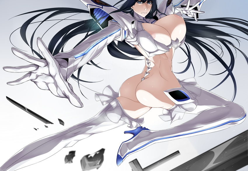 1girl areola_slip areolae ass black_hair boots breasts cleavage female gloves high_heel_boots high_heels highres huge_breasts junketsu kill_la_kill kiryuuin_satsuki large_breasts long_hair shoujo_donburi solo thigh_boots thighhighs