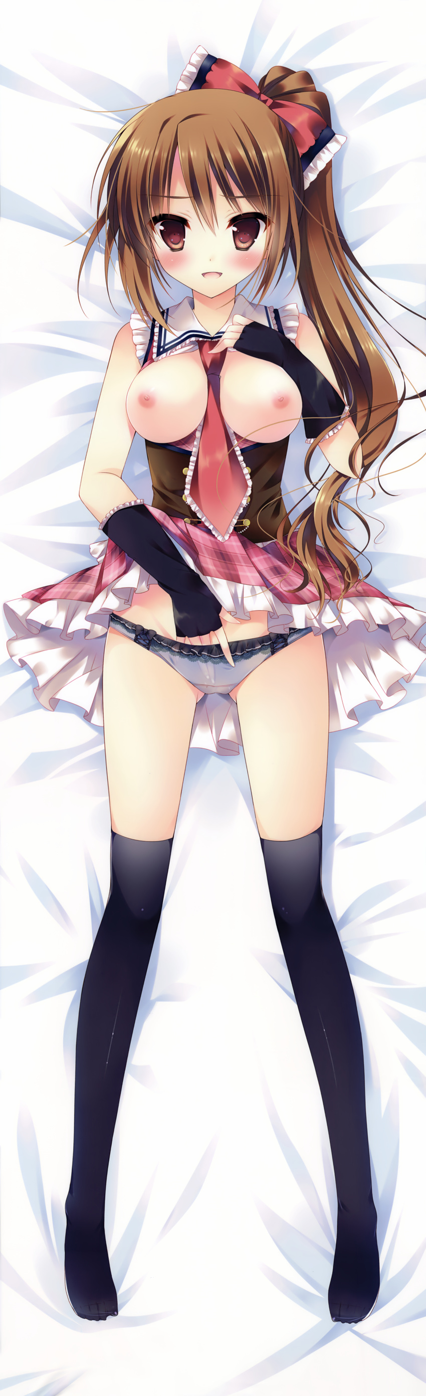 :d absurdres ass_visible_through_thighs bed_sheet between_breasts black_gloves black_legwear blouse blue_panties blush bow breasts breasts_outside bridal_gauntlets brown_hair dakimakura from_above gloves hair_bow hand_in_panties highres hisama_kumako huge_filesize idolive lying medium_breasts necktie necktie_between_breasts nipples no_bra on_back open_mouth original panties red_eyes red_neckwear scan shiraishi_momoko side_ponytail skirt skirt_lift smile solo thighhighs underbust underwear