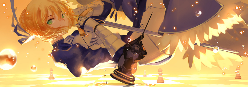 armor artoria_pendragon_(all) blonde_hair bubble chess_piece dress fate/stay_night fate_(series) green_eyes hair_bun hair_ribbon joseph_lee looking_at_viewer ribbon ripples saber saber_class_(fate/stay_night) solo sword weapon