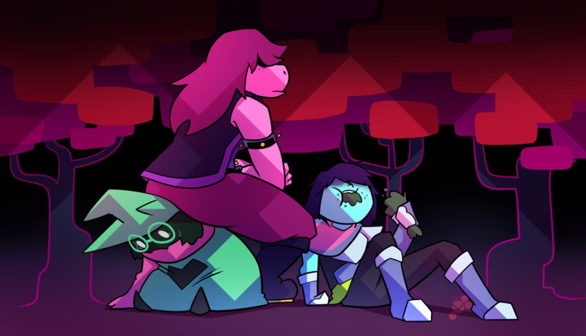 &lt;3 caprine deltarune dragon eating eyewear glasses goat group hat human kris_(deltarune) lizard mammal potoobrigham ralsei reptile scalie scarf sitting susie_(deltarune) tree