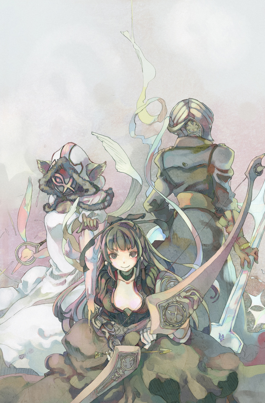 animal_ears arrow beastfolk_mage_(terra_battle) black_bow black_dress black_eyes black_hair blush bow bow_(weapon) breasts cleavage dark_skin dress fur_trim grace_(terra_battle) hair_bow highres hood long_hair long_sleeves looking_at_viewer mask medium_breasts multiple_girls murakami_mame open_clothes puffy_long_sleeves puffy_sleeves smile staff terra_battle warrior_(terra_battle) weapon white_dress