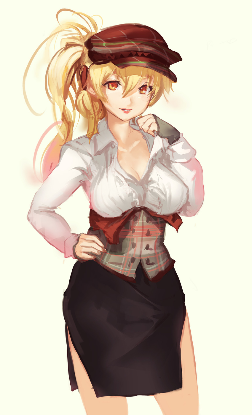 blonde_hair breasts cabbie_hat cleavage corset hand_on_hip hat highres ikkyuu_tensai large_breasts lips lipstick long_hair makeup messy_hair older orange_eyes ryuugajou_nanana_no_maizoukin saimon_ma side_slit skirt smile solo