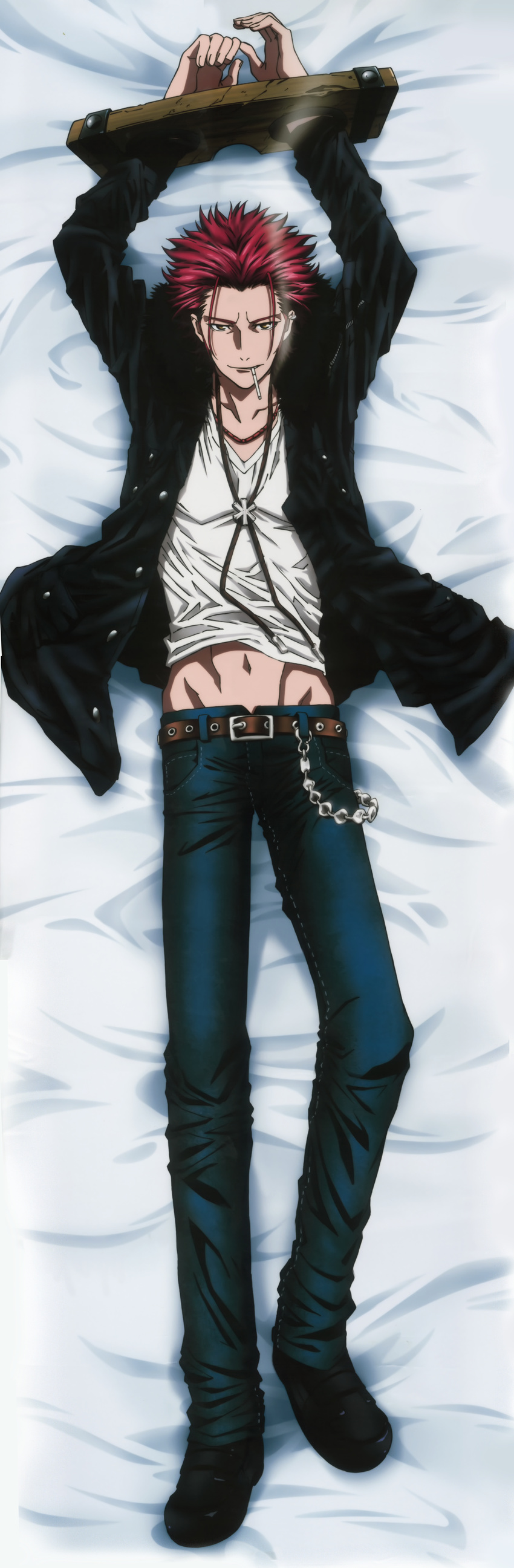 absurdres brown_eyes chain dakimakura earrings full_body highres jacket jewelry k_(anime) male_focus navel necklace open_clothes open_jacket pants red_hair smile smoke solo stocks suou_mikoto_(k)