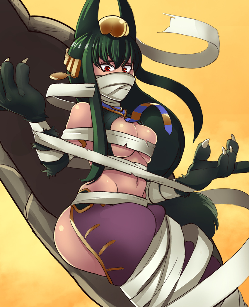 animal_ears anubis_(monster_girl_encyclopedia) bdsm black_hair bondage bound bound_legs breasts budget_sarashi covered_mouth dark_skin dog_ears egyptian egyptian_mythology green_hair greenmarine hair_ornament highres large_breasts long_hair mask monster_girl monster_girl_encyclopedia paws red_eyes sarashi sarcophagus solo underboob you're_doing_it_wrong