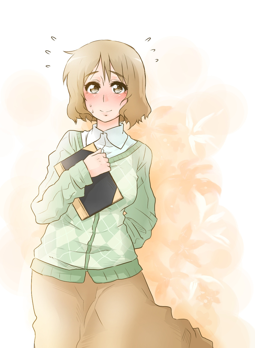 blush brown_eyes brown_hair brown_skirt floral_background highres nichijou sakurai_izumi shirt short_hair skirt smile solo sweat sweater tobatoinu