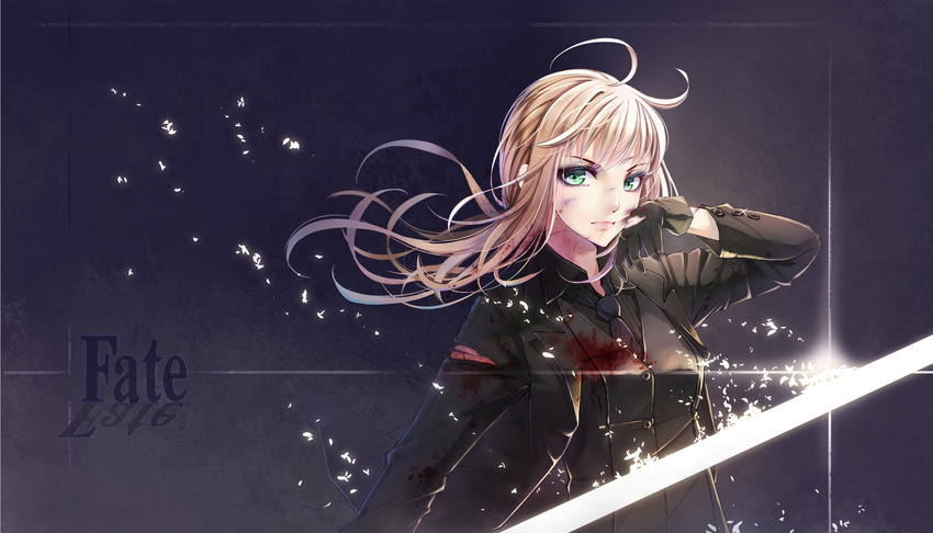 ahoge artoria_pendragon_(all) black_gloves blonde_hair blood bloody_clothes excalibur fate/zero fate_(series) formal gloves glowing glowing_sword glowing_weapon green_eyes highres long_hair saber shirt solo suit torn_clothes torn_shirt wait weapon