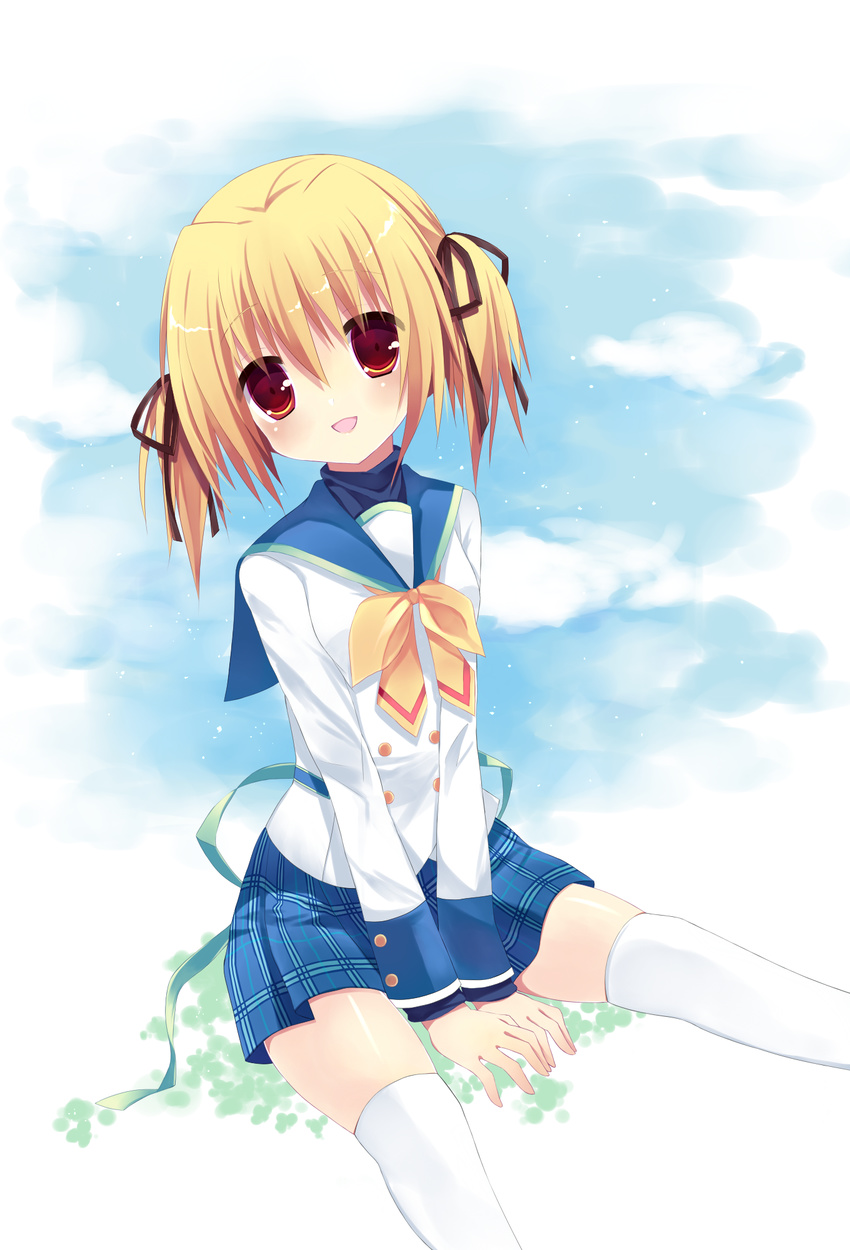 :d bad_id bad_pixiv_id blonde_hair bow clover_point hair_bow hair_ribbon head_tilt highres kamichi_miyaki looking_at_viewer open_mouth plaid plaid_skirt pleated_skirt ribbon school_uniform serafuku sitting skirt smile solo takanashi_yaya thighhighs white_legwear yellow_eyes zettai_ryouiki