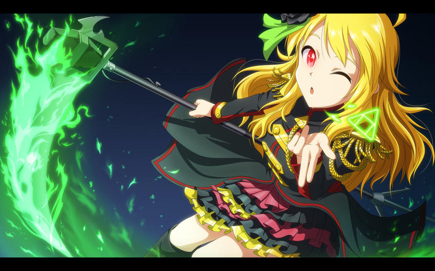 ahoge black_flower black_rose blonde_hair blown_kiss boots epaulettes flower frilled_skirt frills glowing glowing_eye glowing_weapon hair_flower hair_ornament hair_ribbon highres hoshii_miki idolmaster idolmaster_(classic) idolmaster_movie knee_boots kouchou letterboxed long_hair looking_at_viewer magic magical_girl one_eye_closed red_eyes ribbon rose scythe skirt solo tailcoat the_sleeping_beauty_(idolmaster) weapon