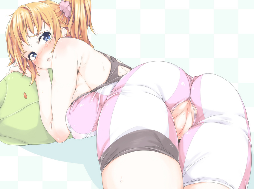 ass bike_shorts blue_eyes blush breasts brown_hair covered_nipples crotchless_pants gundam gundam_build_fighters gundam_build_fighters_try haro hoshino_fumina itou_ayachi large_breasts looking_at_viewer parted_lips ponytail pussy scrunchie short_hair solo sports_bra sweat torn_clothes uncensored