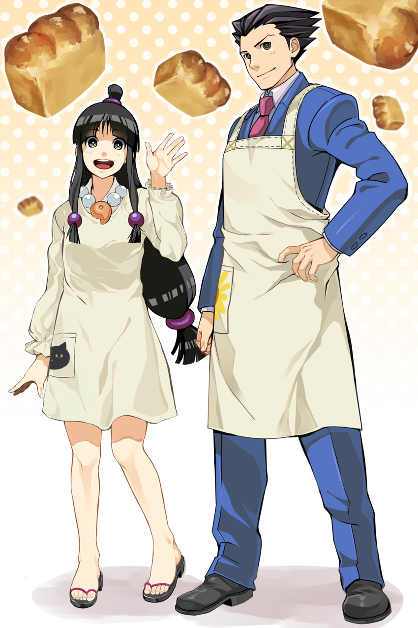 1girl :d apron ayasato_mayoi black_eyes black_hair bread cut_(bu-kunn) food formal green_eyes gyakuten_saiban highres magatama naruhodou_ryuuichi necktie open_mouth professor_layton_vs._gyakuten_saiban sandals smile spiked_hair suit topknot