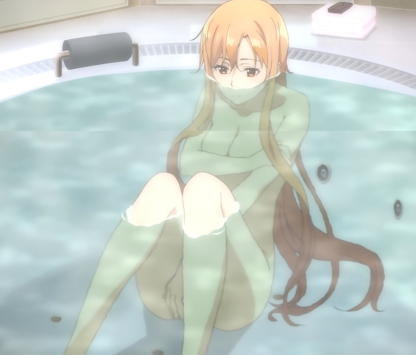 1girl a-1_pictures asuna_(sao) bathroom bathtub bent_knees breasts brown_eyes cleavage covering covering_breasts covering_crotch long_hair medium_breasts nude orange_hair screencap sitting submerged sword_art_online very_long_hair water wet