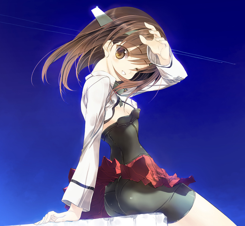 ;d bike_shorts brown_eyes brown_hair headband highres kantai_collection looking_at_viewer nakamura_takeshi one_eye_closed open_mouth pleated_skirt short_hair sitting skirt sky smile solo taihou_(kantai_collection) wind