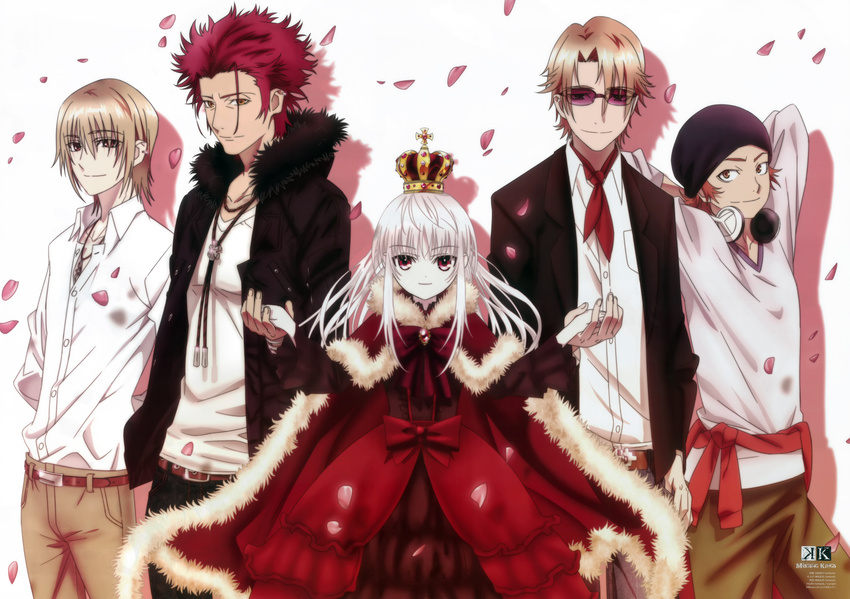 4boys absurdres albino crown dress earrings hand_in_pocket hat headphones headphones_around_neck highres holding_hands huge_filesize jewelry k_(anime) kusanagi_izumo kushina_anna multiple_boys necklace pants red_eyes red_hair smile sunglasses suou_mikoto_(k) totsuka_tatara white_hair yata_misaki