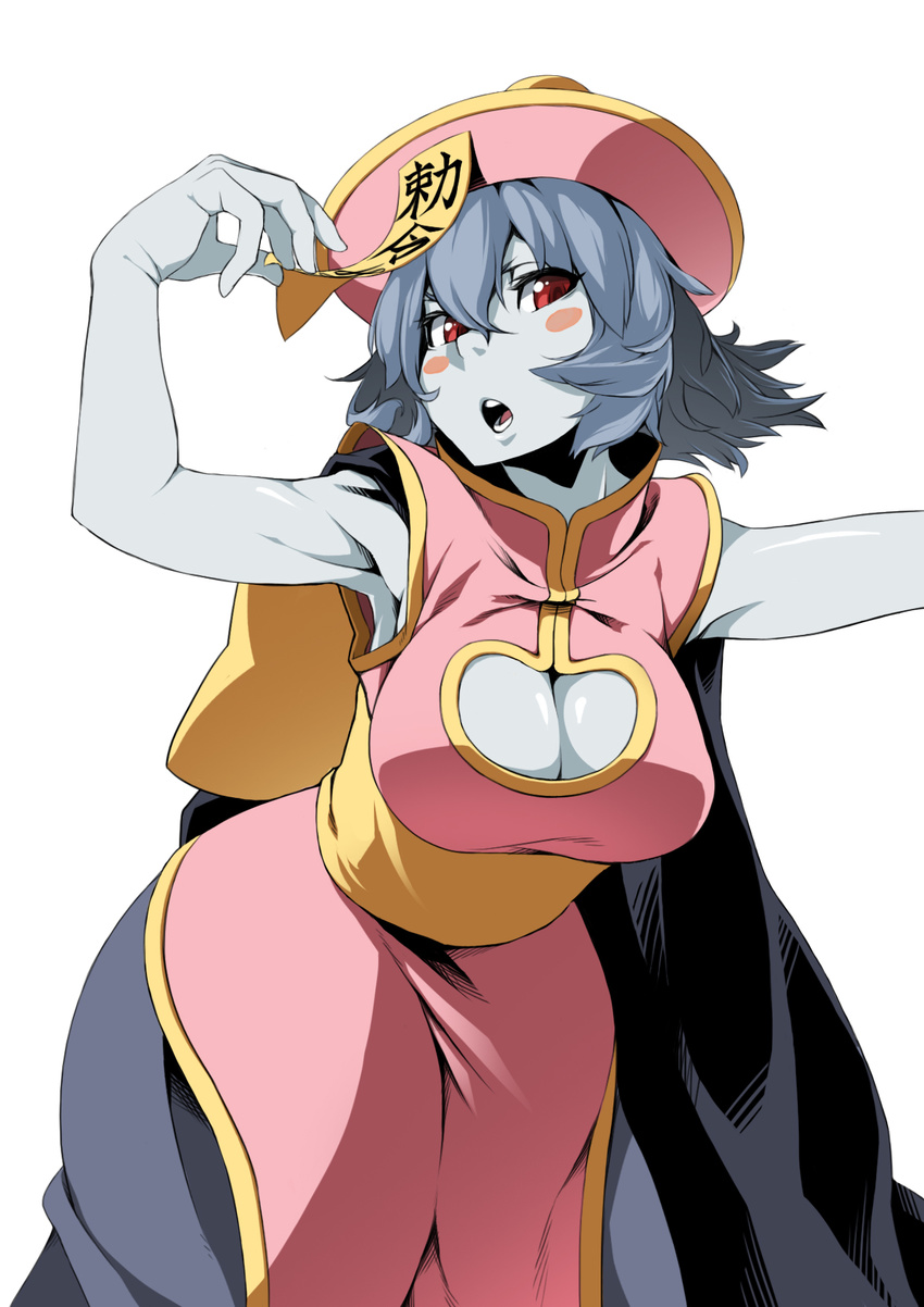 annoyed armpits blue_hair blush blush_stickers breasts chinese_clothes cleavage cleavage_cutout flipped_hair grey_skin hair_between_eyes hat head_tilt highres jiangshi large_breasts lei_lei looking_at_viewer ofuda open_mouth purple_hair red_eyes sash short_hair sleeveless solo tell upper_body vampire_(game) white_background