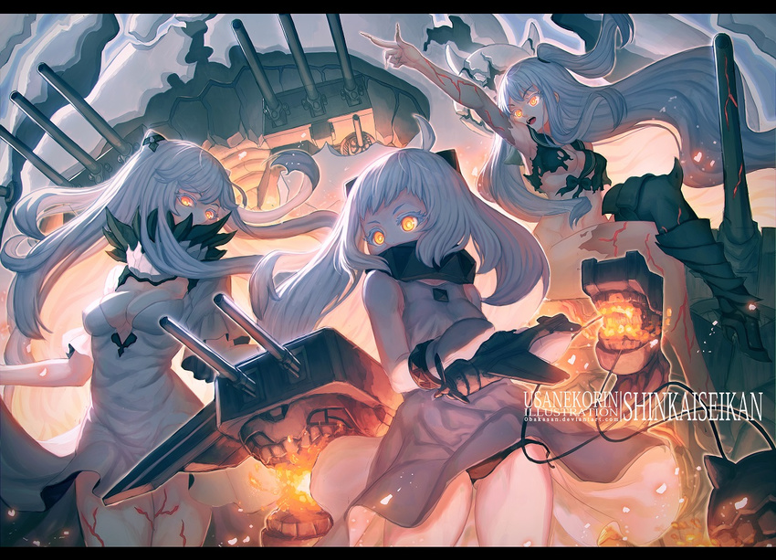 ahoge aircraft aircraft_carrier_hime airplane black_bra black_panties bra breasts cleavage dress holding horns kantai_collection long_hair machinery medium_breasts midway_hime mittens multiple_girls northern_ocean_hime one_side_up panties shade shinkaisei-kan small_breasts underwear usanekorin white_dress white_hair white_skin yellow_eyes