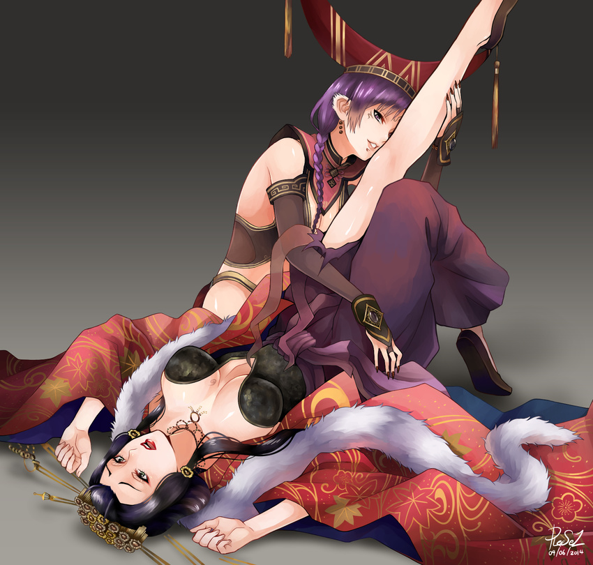 2girls animal_ears black_hair braid breasts cleavage da_ji detached_sleeves earrings hair_ornament hat highres holding_another's_foot holding_another's_foot jewelry kanzashi large_breasts medium_breasts multiple_girls musou_orochi musou_orochi_2_ultimate purple_hair reef signature tamamo_no_mae tamamo_no_mae_(musou_orochi_2_ultimate) yuri