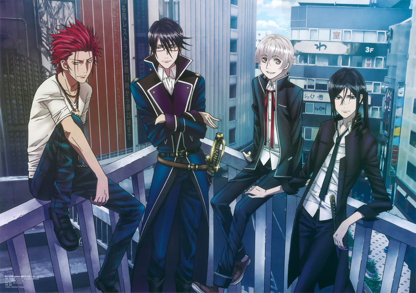 absurdres black_hair blue_eyes blue_hair crossed_arms glasses highres huge_filesize isana_yashiro k_(anime) long_hair multiple_boys munakata_reishi pants ponytail red_eyes red_hair short_hair smile suou_mikoto_(k) sword uniform weapon white_hair yatogami_kurou