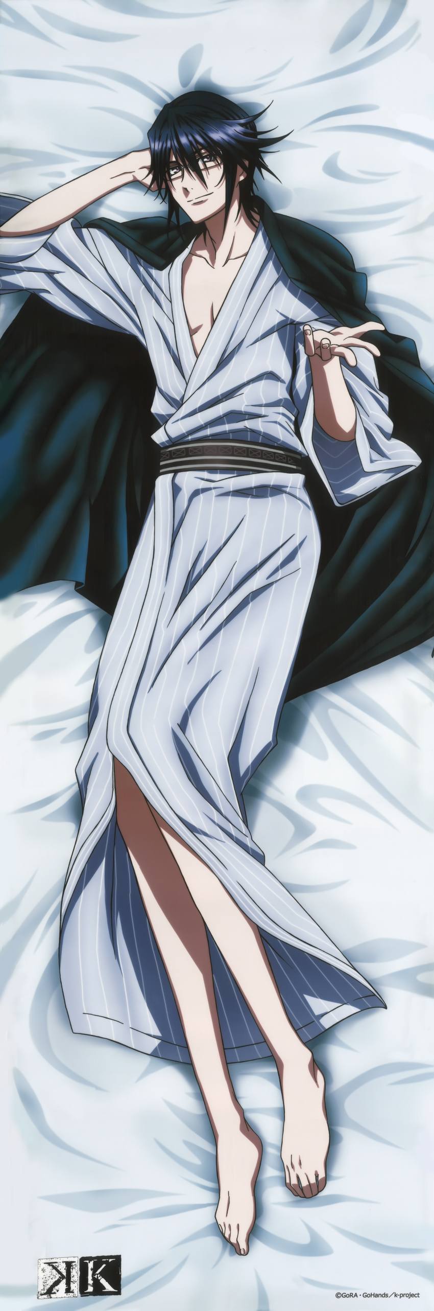 absurdres barefoot blue_hair dakimakura glasses highres huge_filesize japanese_clothes k_(anime) kimono male_focus munakata_reishi official_art purple_eyes smile solo