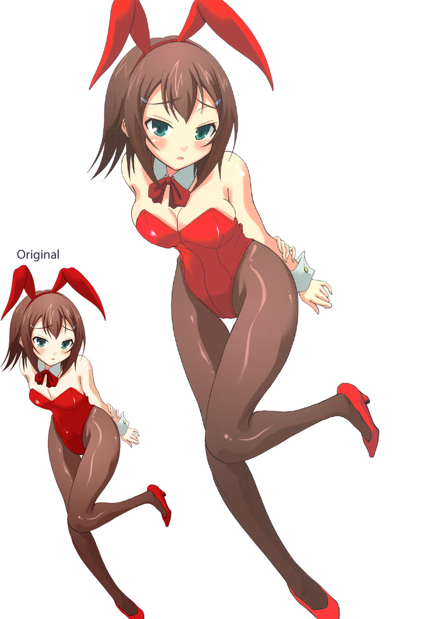 animal_ears baka_to_test_to_shoukanjuu barrettes blush bow bowtie breasts brown_hair bunny_ears bunny_girl bunny_suit bunny_tail bunnyears bunnygirl bunnysuit bunnytail cleavage collar comparison cuffs gender_change gender_swap genderswap green_eyes hair_clips hair_ornament hairclip kinoshita_hideyoshi medium_breasts no_bulge open_mouth pantyhose photoshop post_op red_shoes shoes short_hair solo standing tail trap